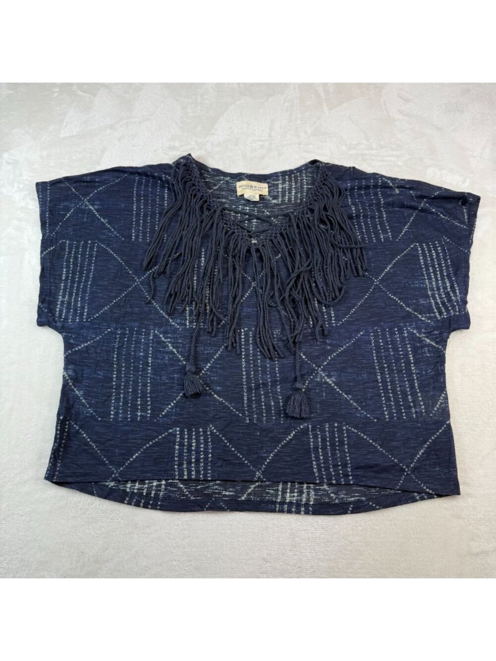 Denim & SupplY Ralph Lauren Fringe Top Boho Navy Blue Geometric Womens XS